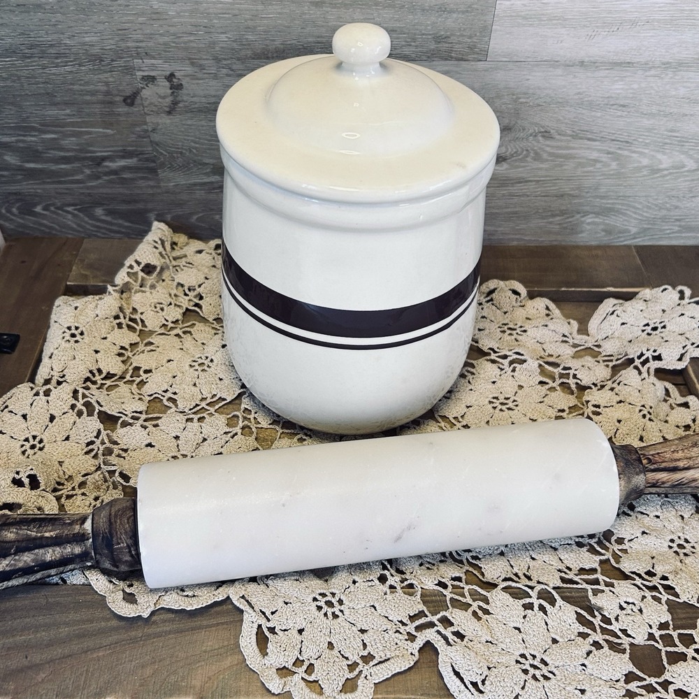 MCCOY Lidded Farmhouse Canister Jar Storage Kitchen Decor Brown Stripe 8"
